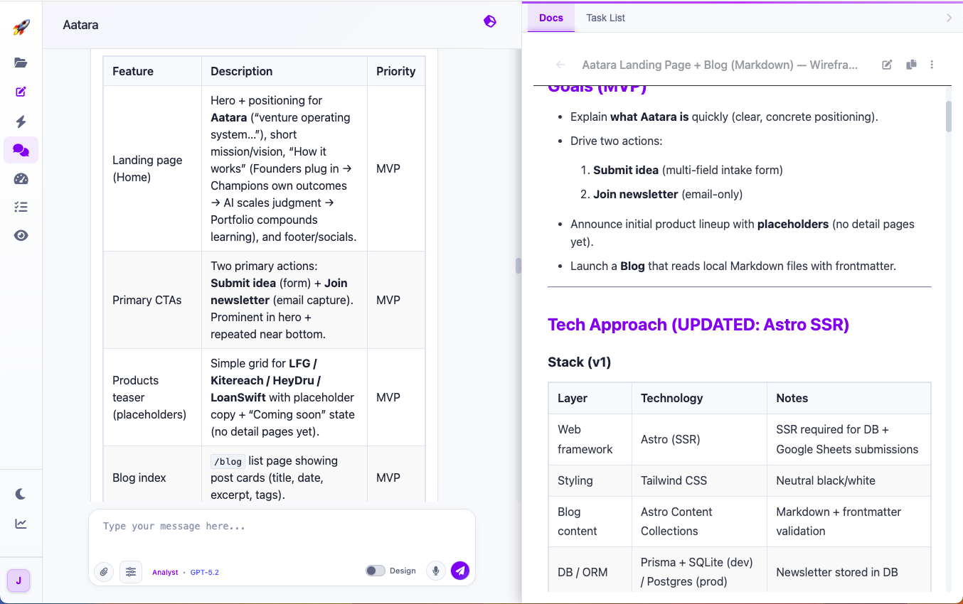 Codepixel Agent generating a PRD with feature breakdown and technical analysis