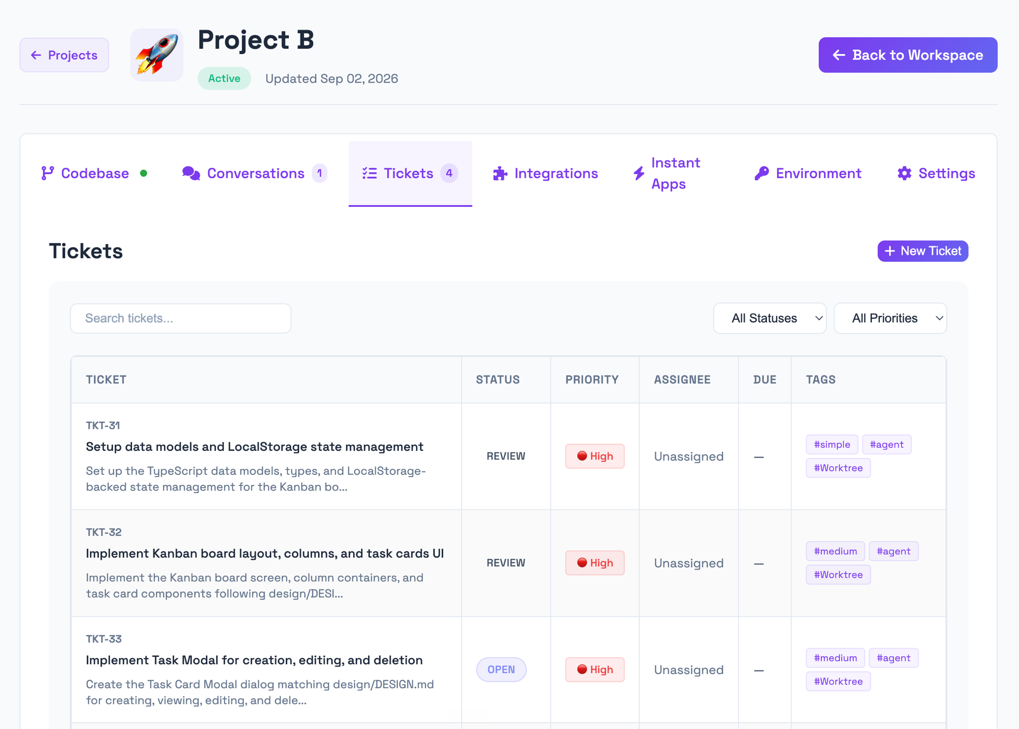A Codepixel project's ticket list, with status, priority and tags